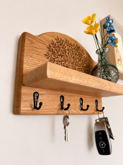 Oak Key holder laser engraved oak tree with shelf