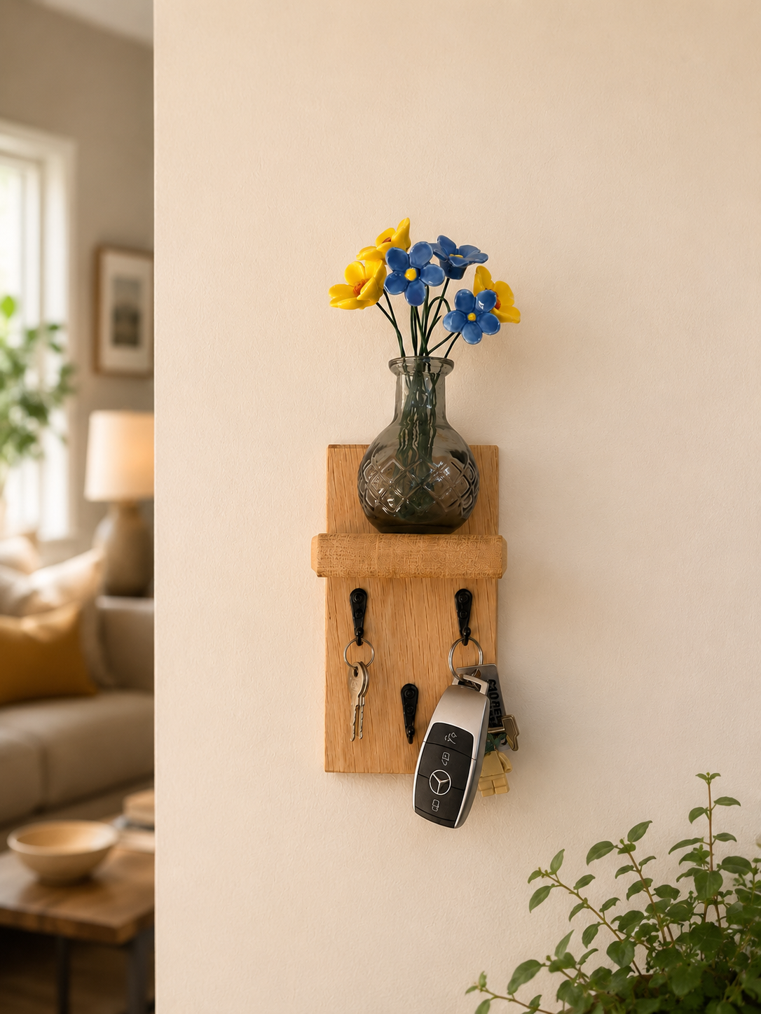 Solid oak Key holder 3 hooks with a shelf