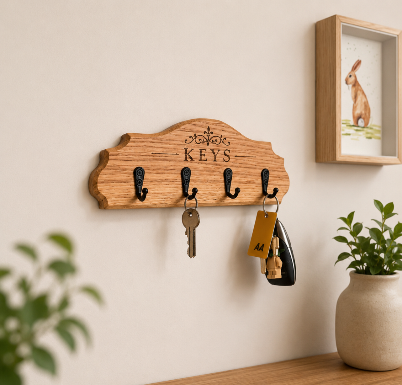Oak key holder laser engraved wall mounted