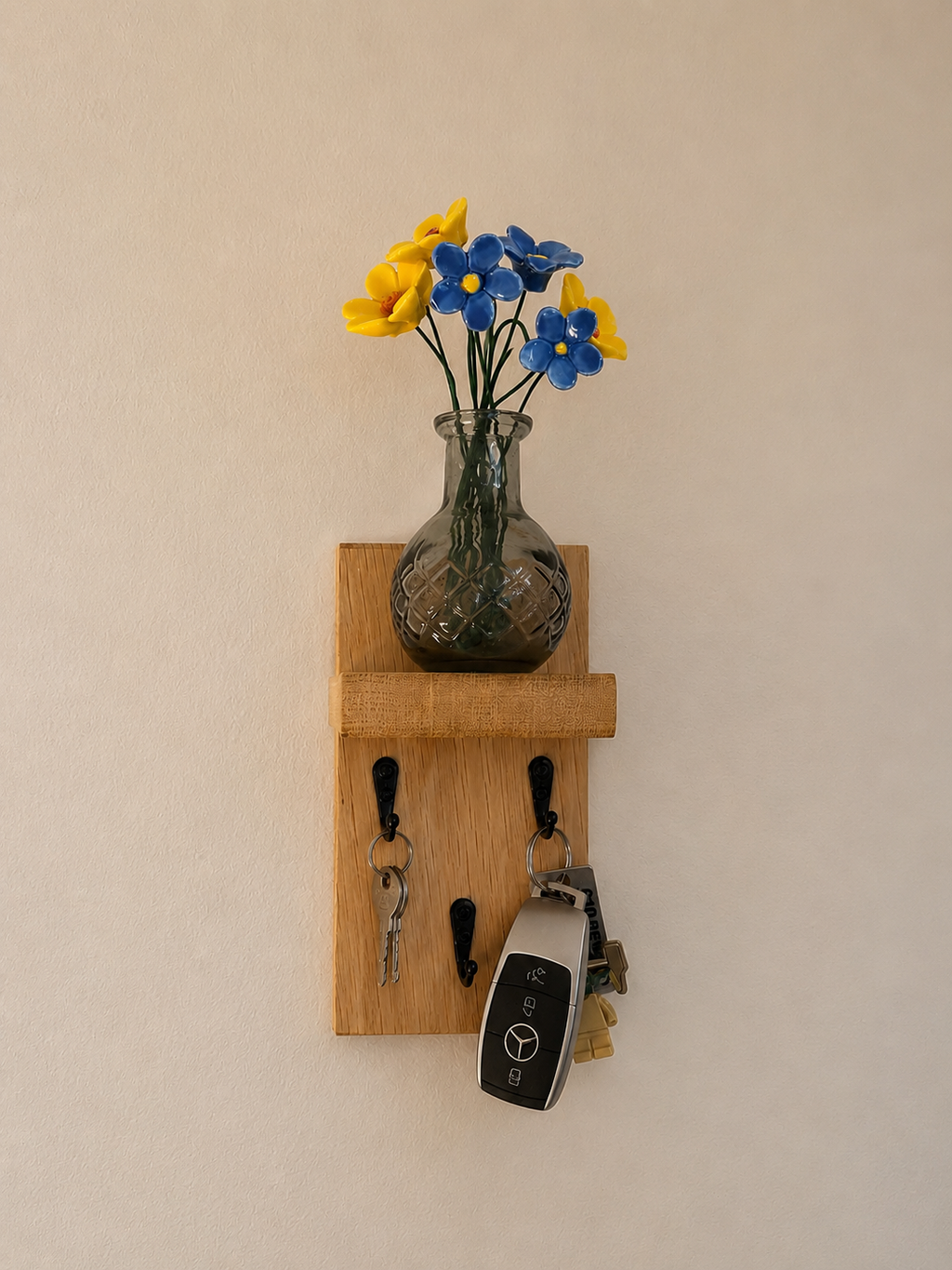 Solid oak Key holder 3 hooks with a shelf