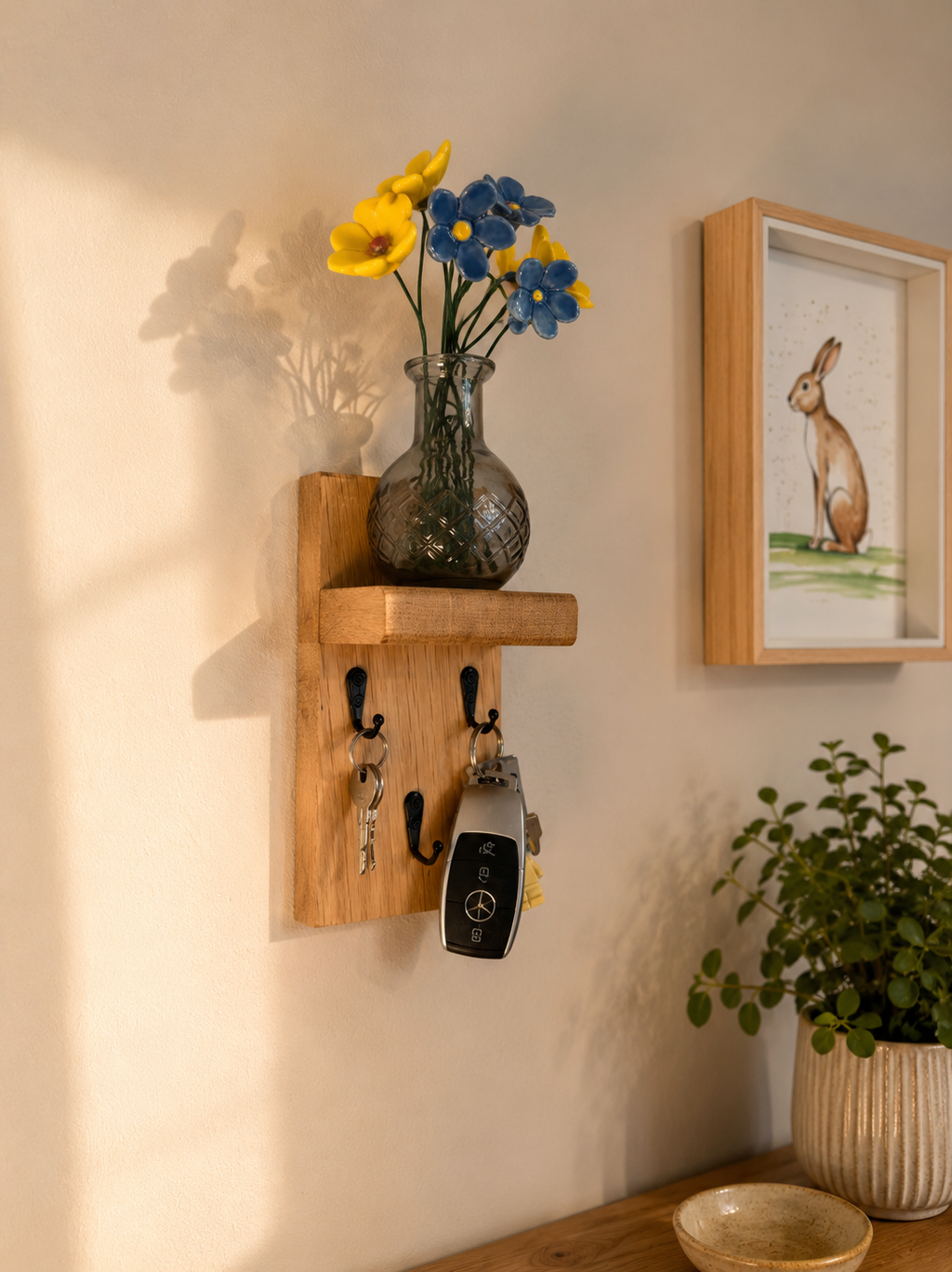 Solid oak Key holder 3 hooks with a shelf