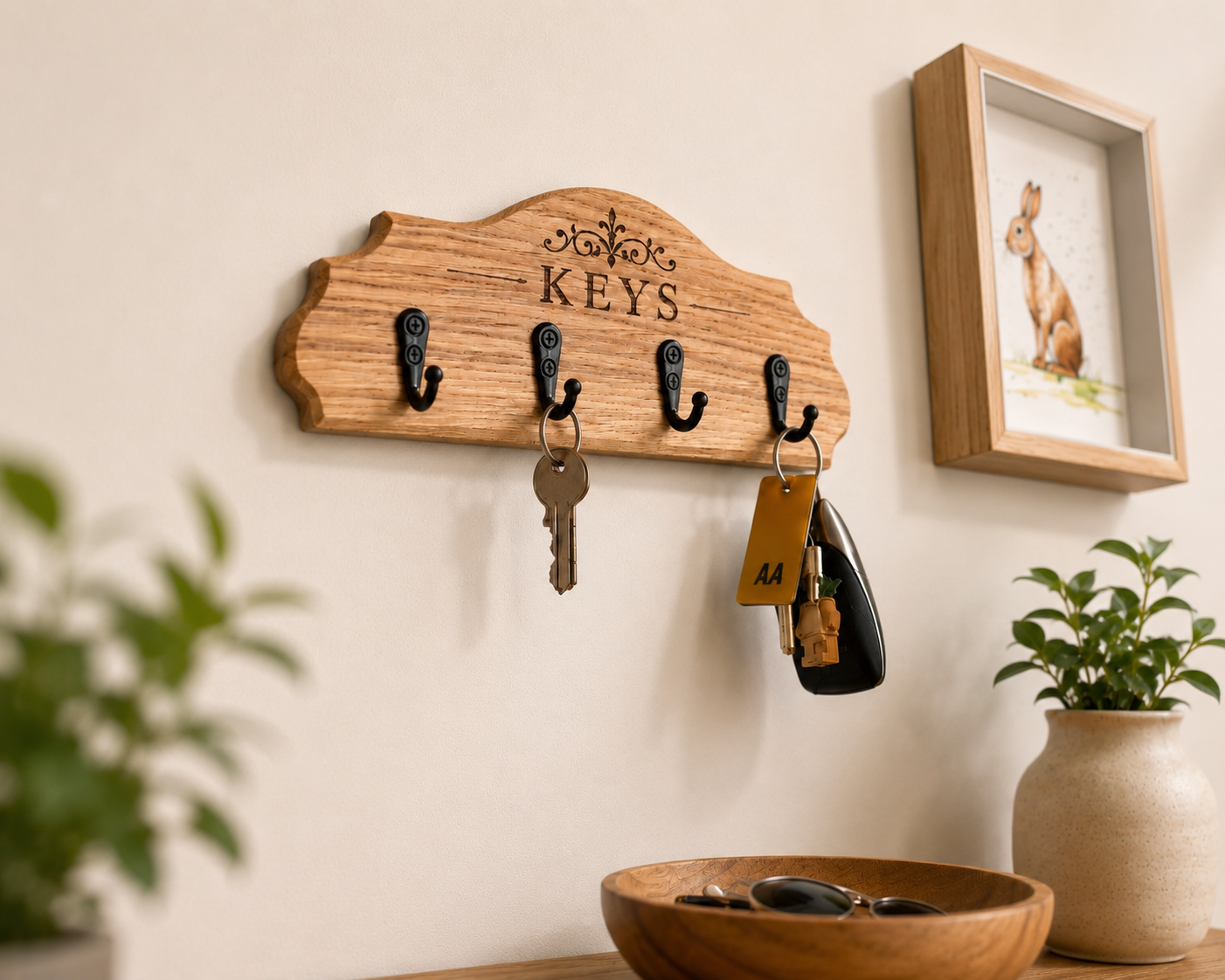 Oak key holder laser engraved wall mounted