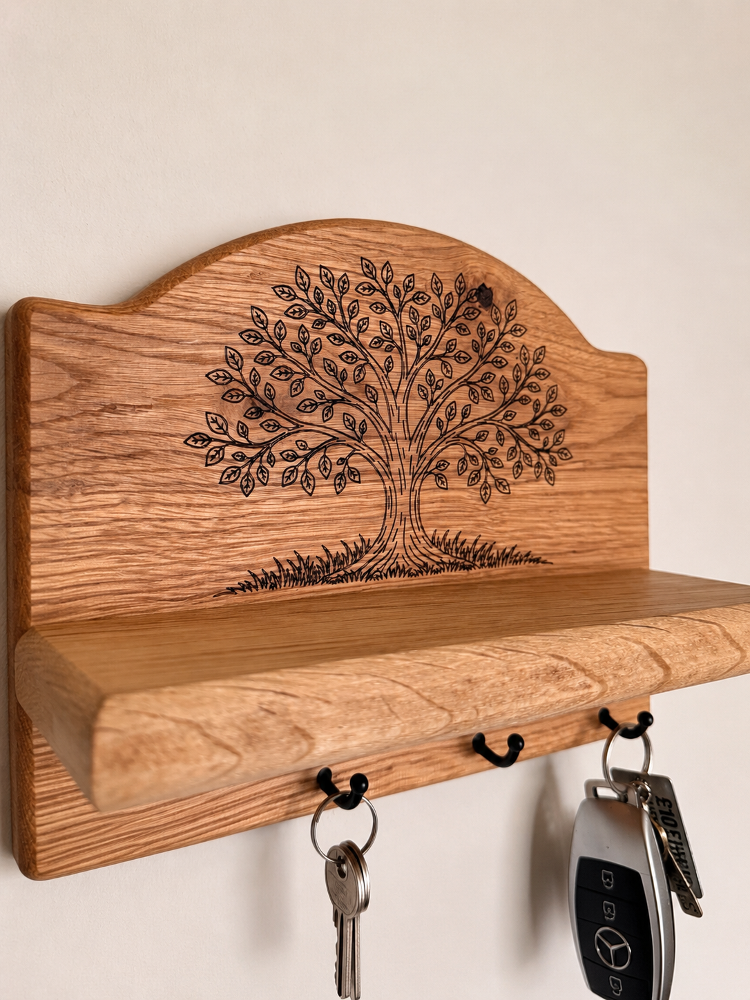 Oak Key holder laser engraved oak tree with shelf