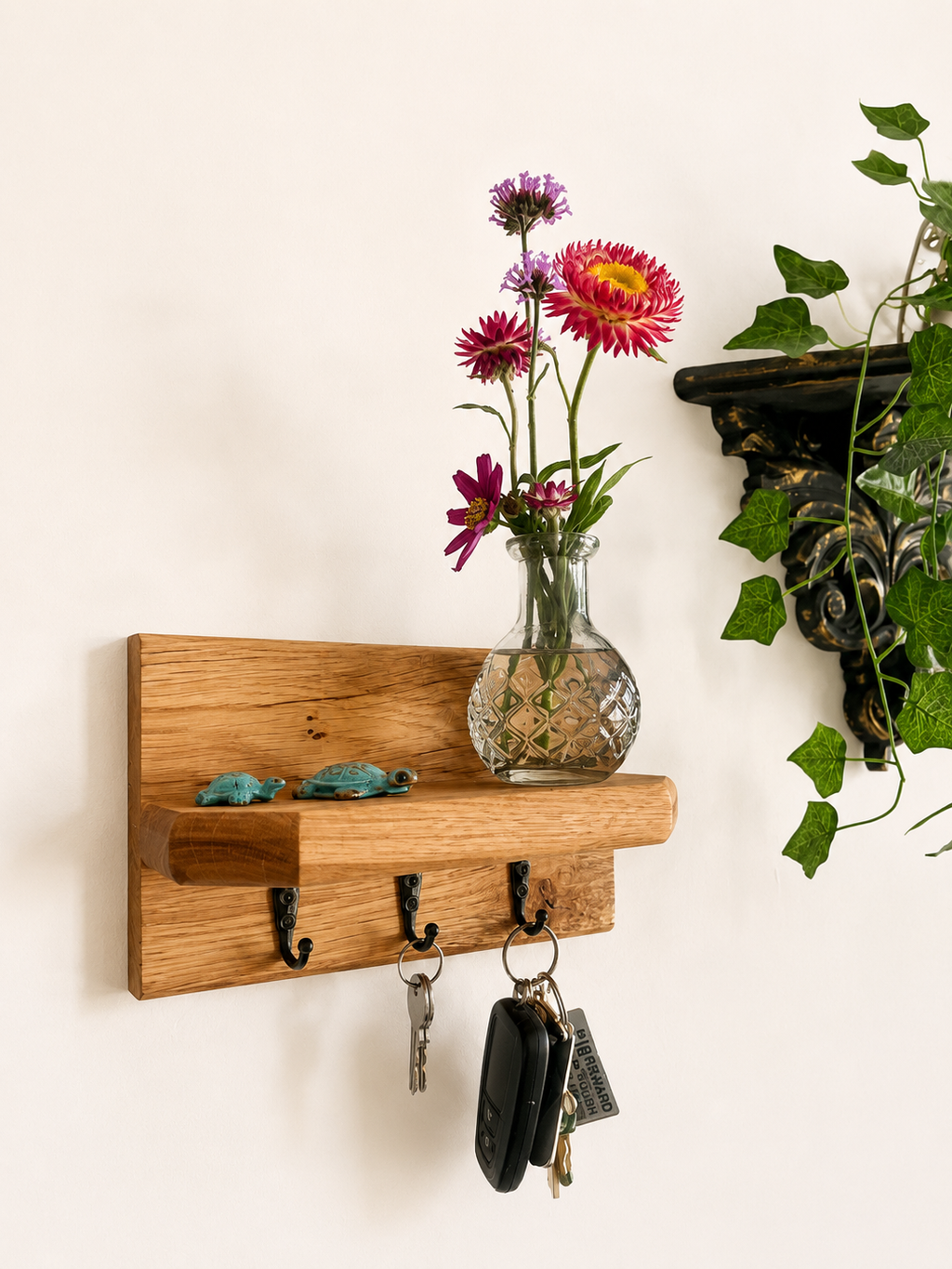 Solid oak Key holder angled shelf