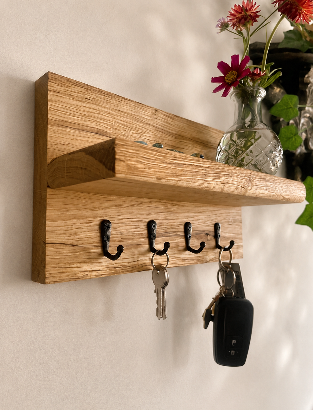 Key holder with shelf solid oak